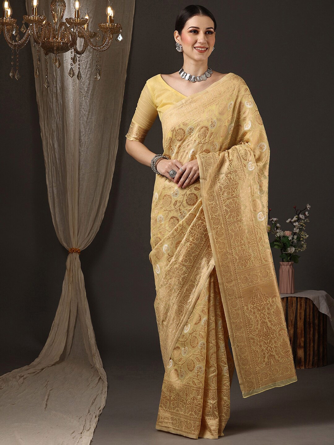 

Saree mall Woven Design Zari Silk Blend Banarasi Saree, Yellow