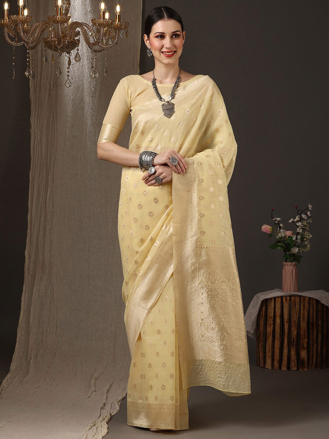 

Saree mall Woven Design Zari Silk Cotton Banarasi Saree, Yellow