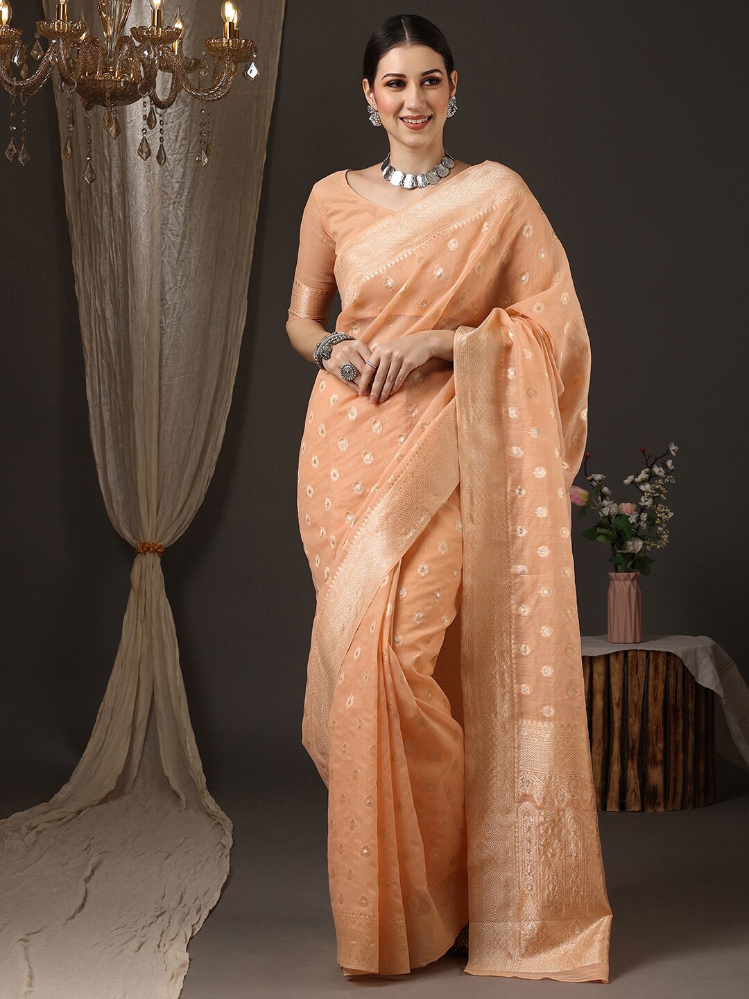 

Saree mall Woven Design Zari Silk Cotton Banarasi Saree, Peach