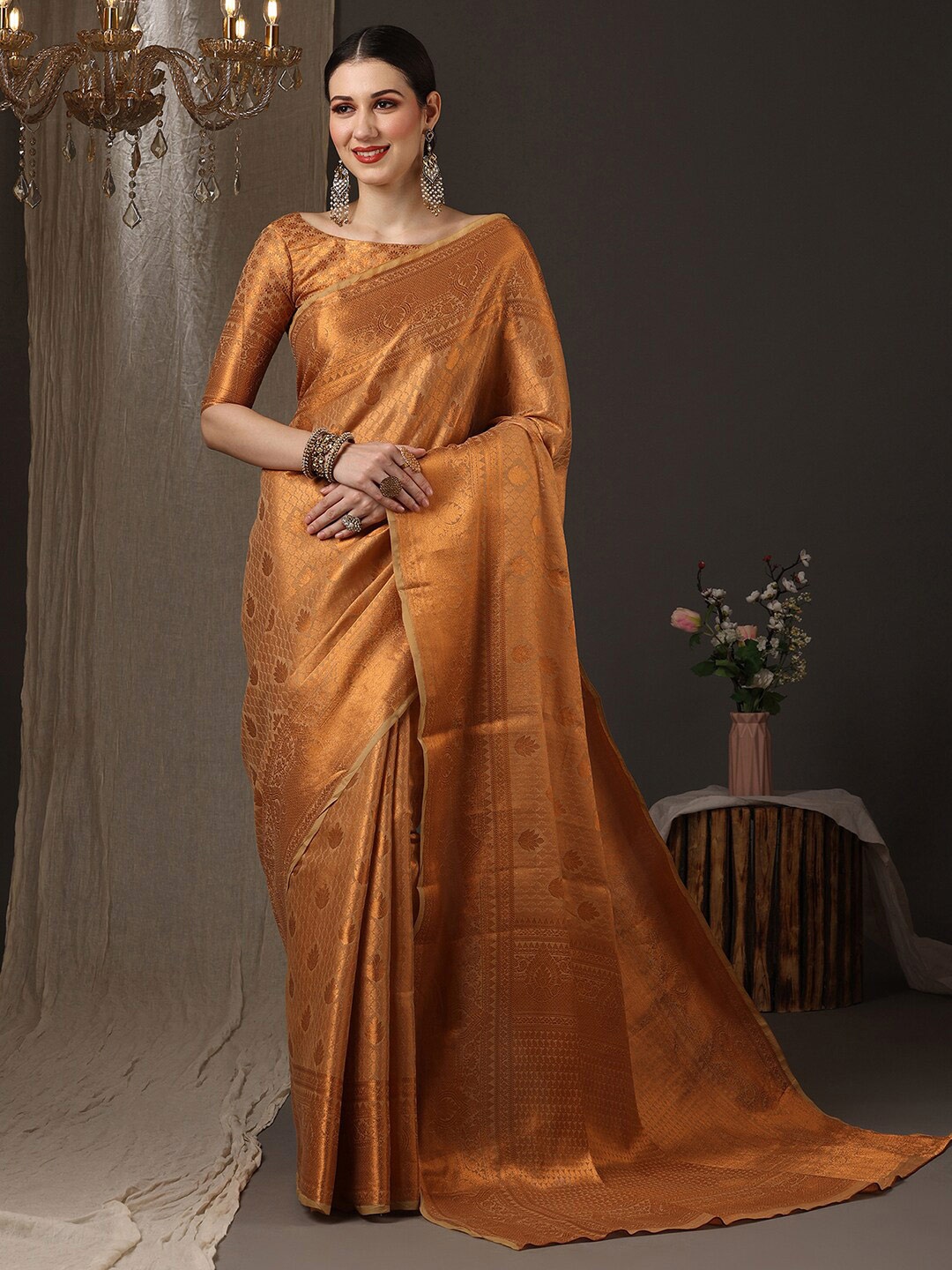 

Saree mall Woven Design Zari Silk Blend Kanjeevaram Saree, Gold