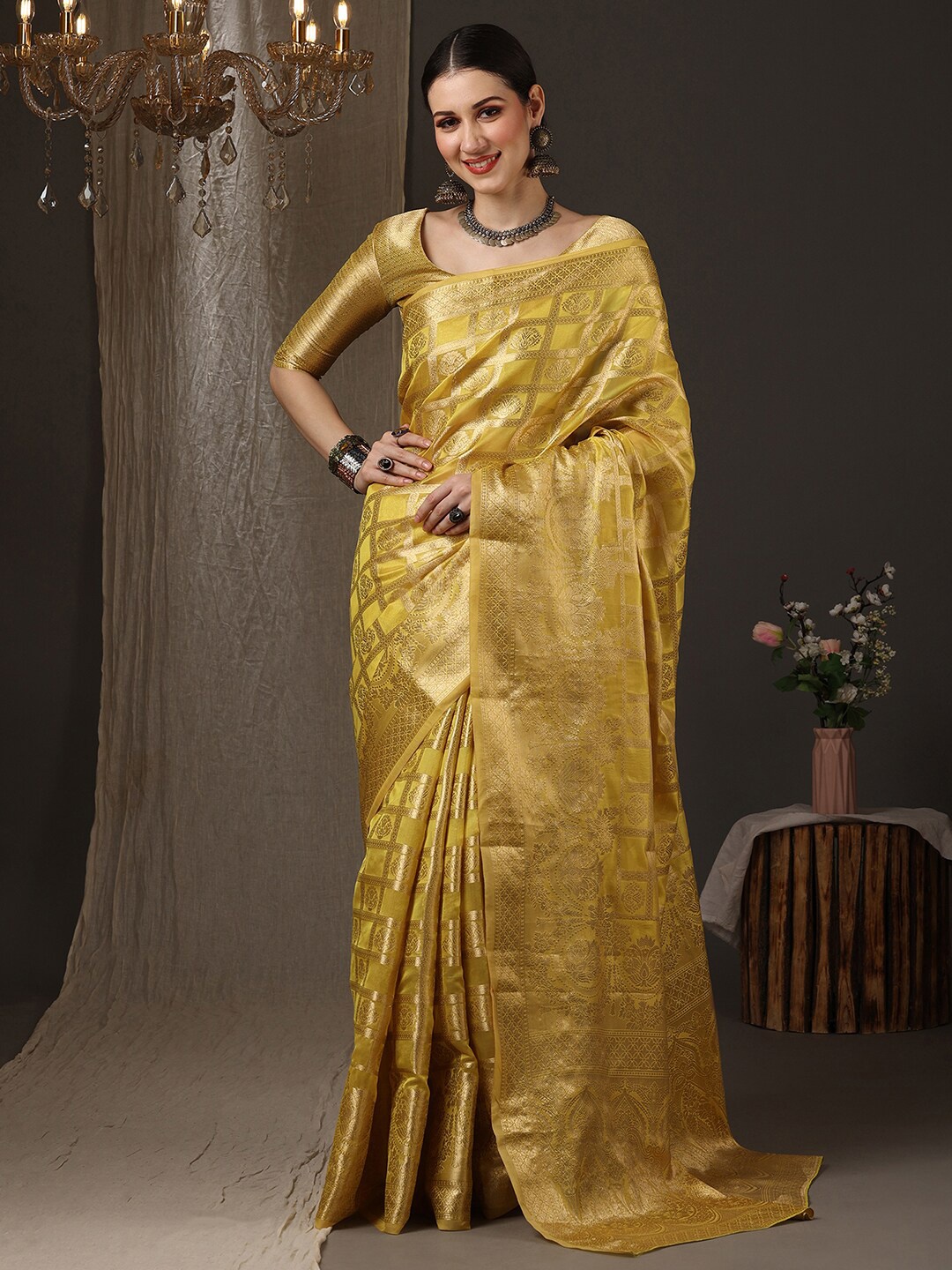 

Saree mall Woven Design Zari Organza Banarasi Saree, Yellow