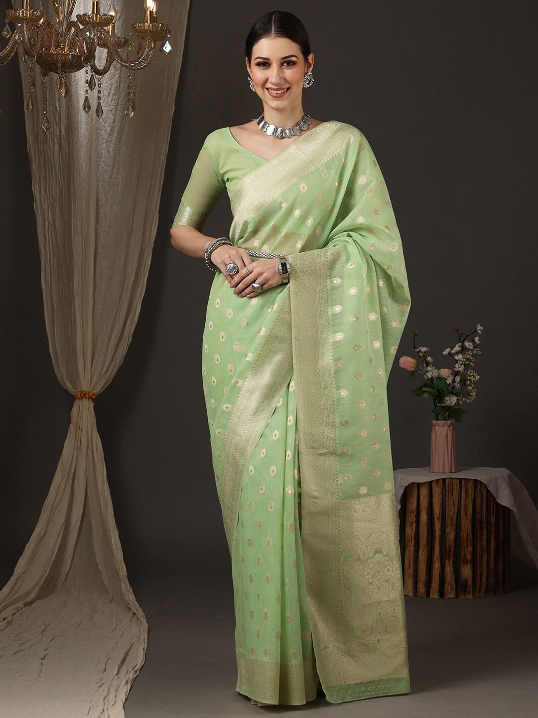 

Saree mall Woven Design Zari Silk Cotton Banarasi Saree, Green