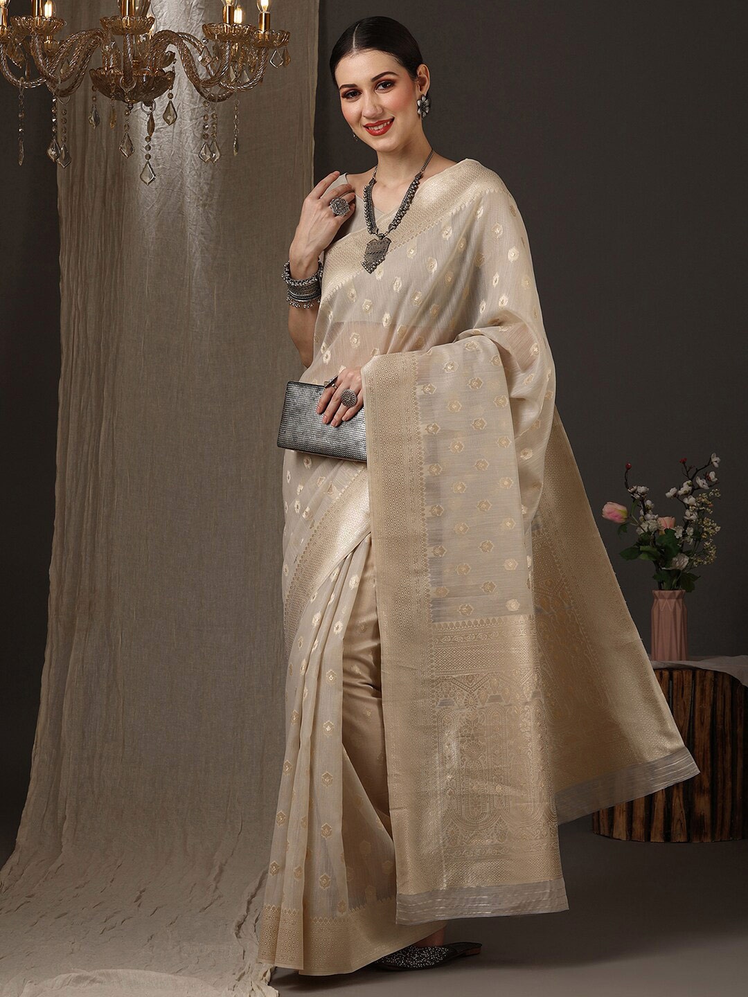 

Saree mall Woven Design Zari Silk Cotton Banarasi Saree, Cream