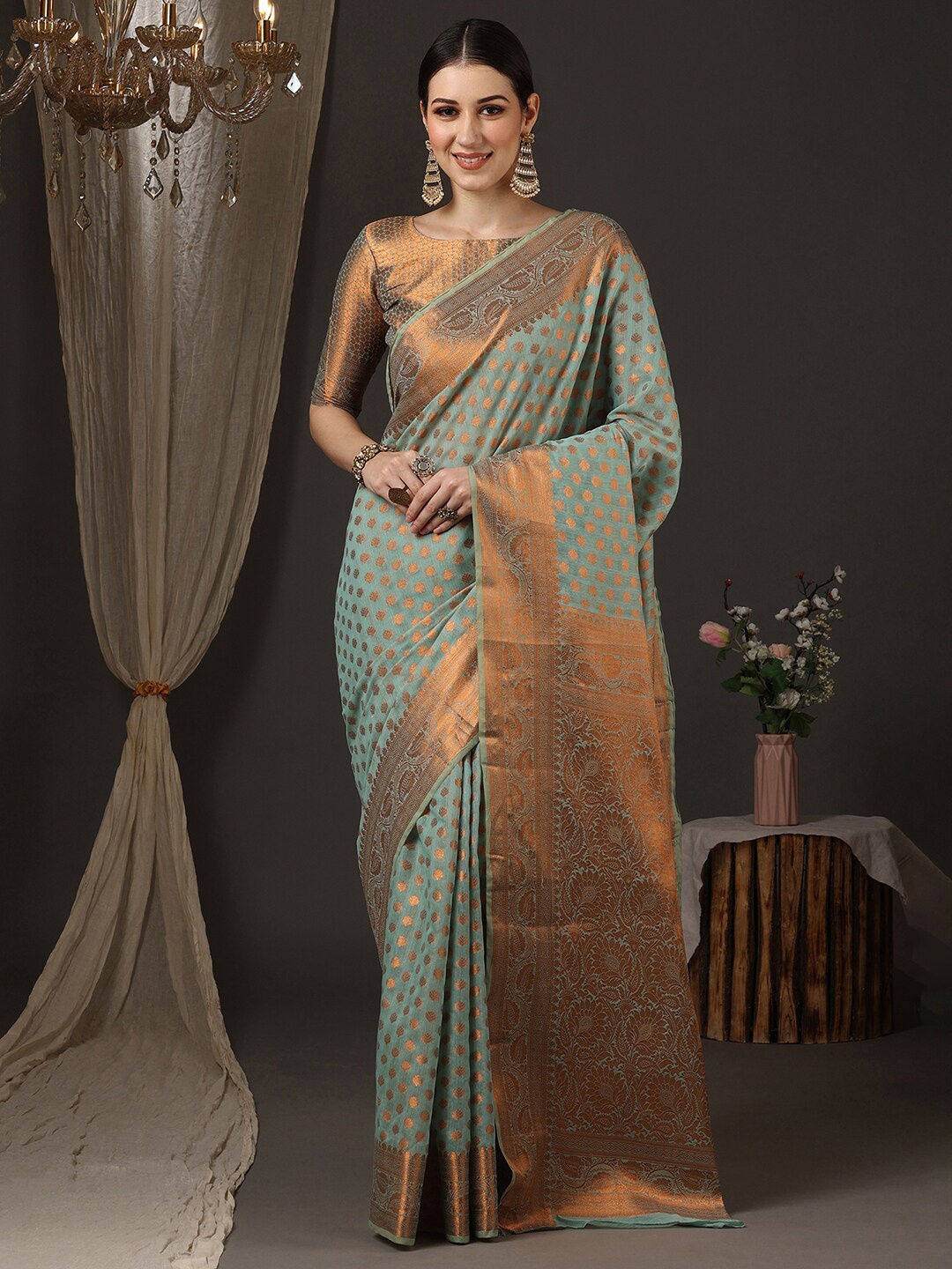 

Saree mall Woven Design Zari Silk Blend Banarasi Saree, Sea green