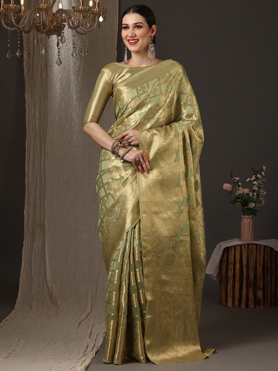 

Saree mall Woven Design Zari Organza Banarasi Saree, Green