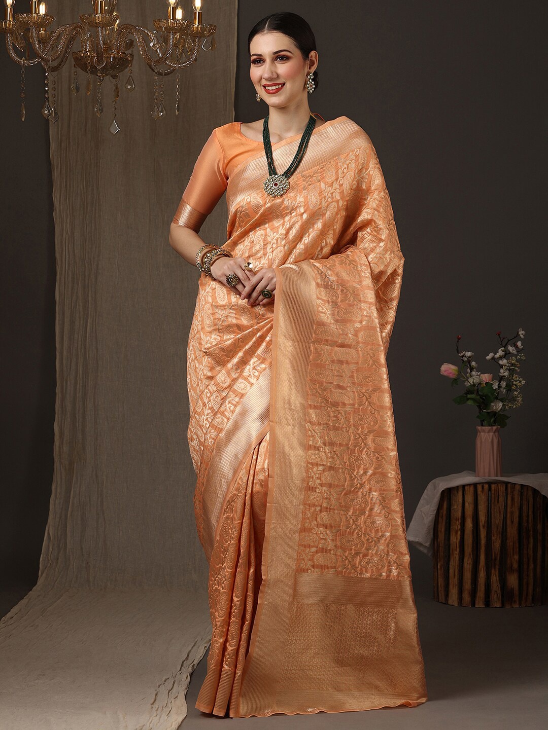 

Saree mall Woven Design Zari Silk Blend Banarasi Saree, Peach