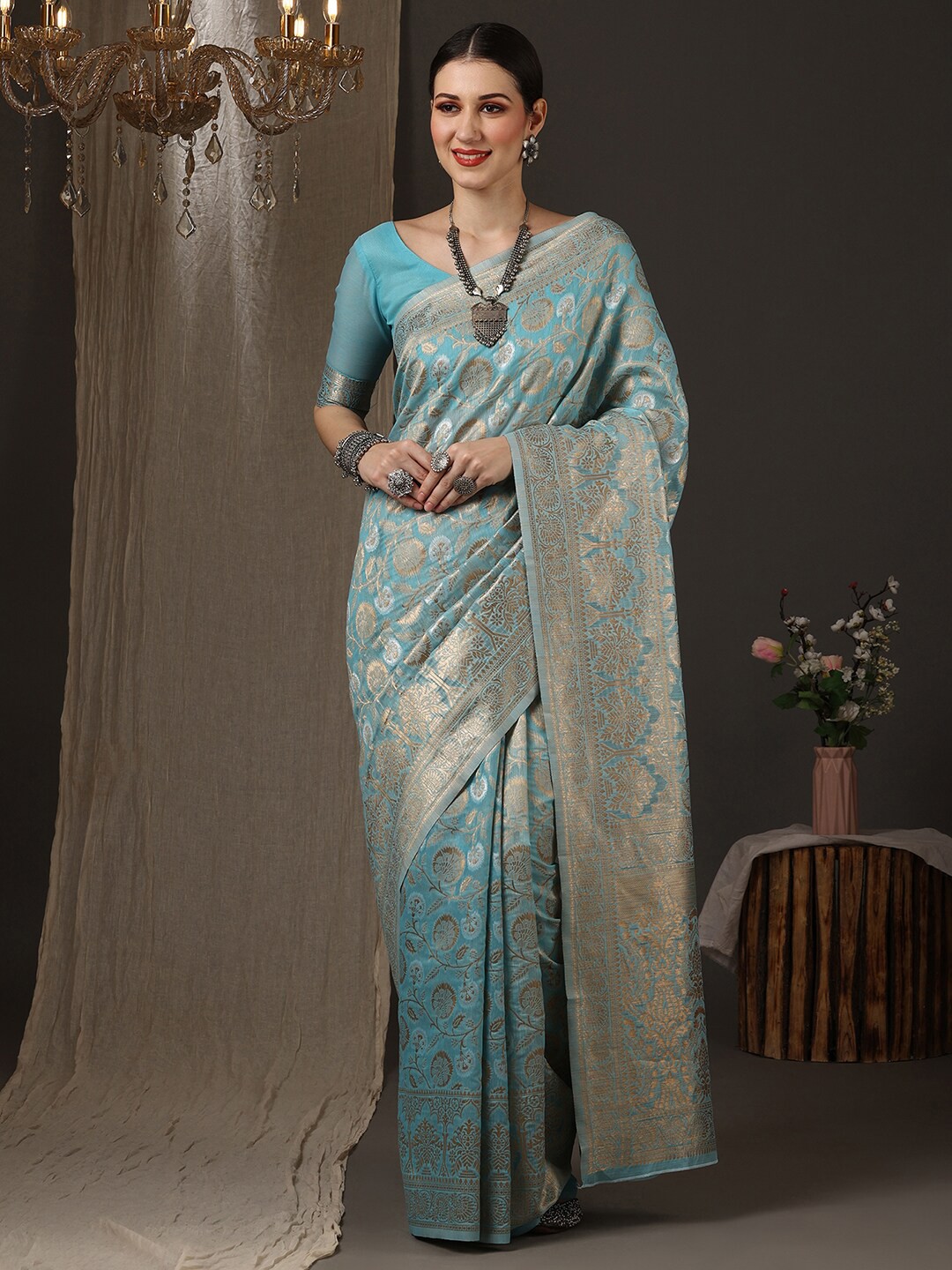 

Saree mall Woven Design Zari Silk Blend Banarasi Saree, Blue