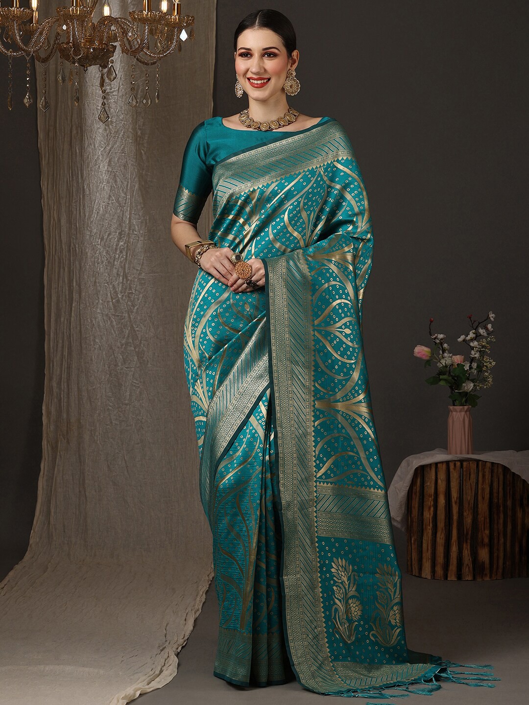 

Saree mall Woven Design Zari Silk Blend Banarasi Saree, Teal