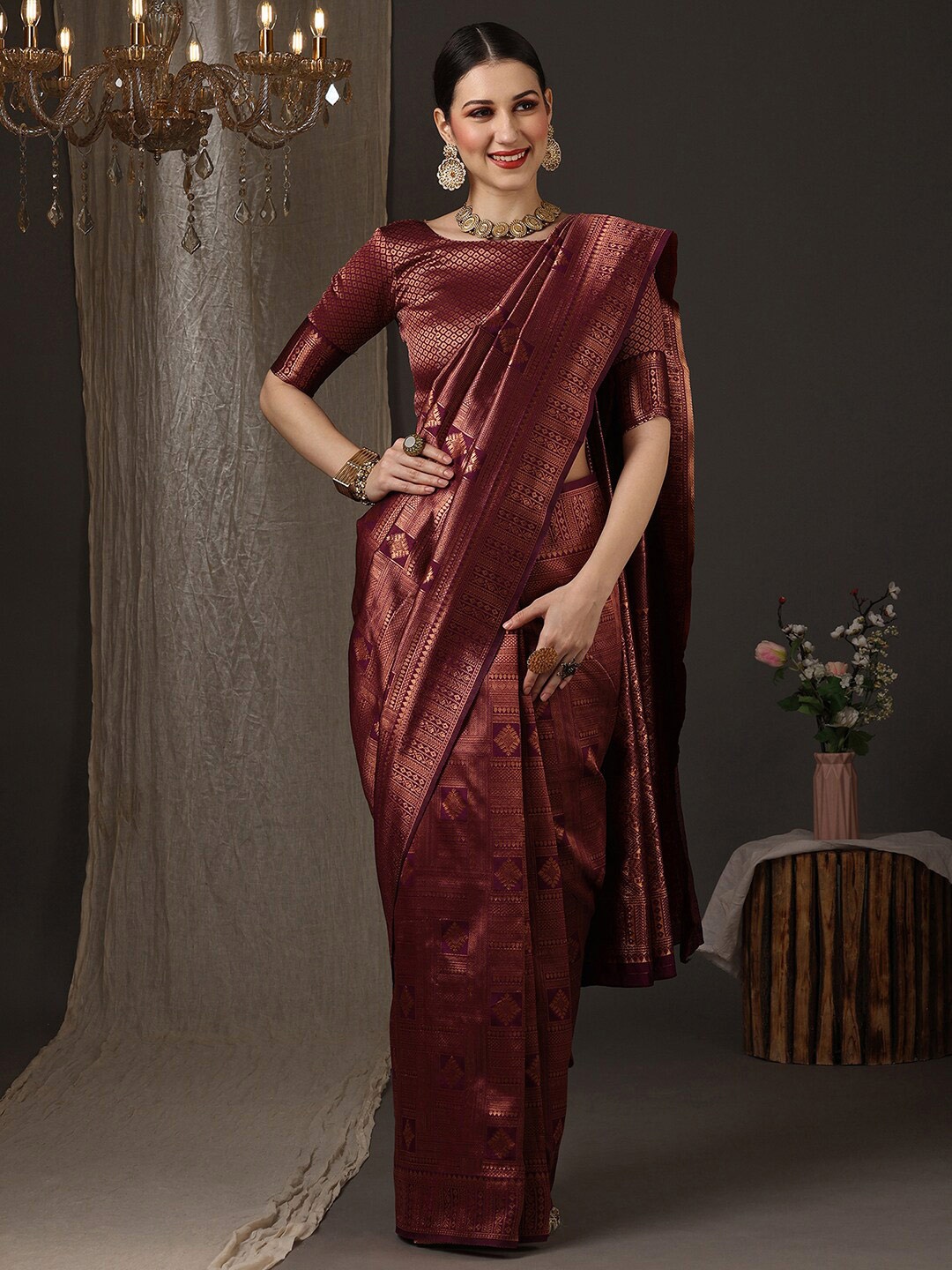 

Saree mall Woven Design Zari Silk Blend Kanjeevaram Saree, Purple