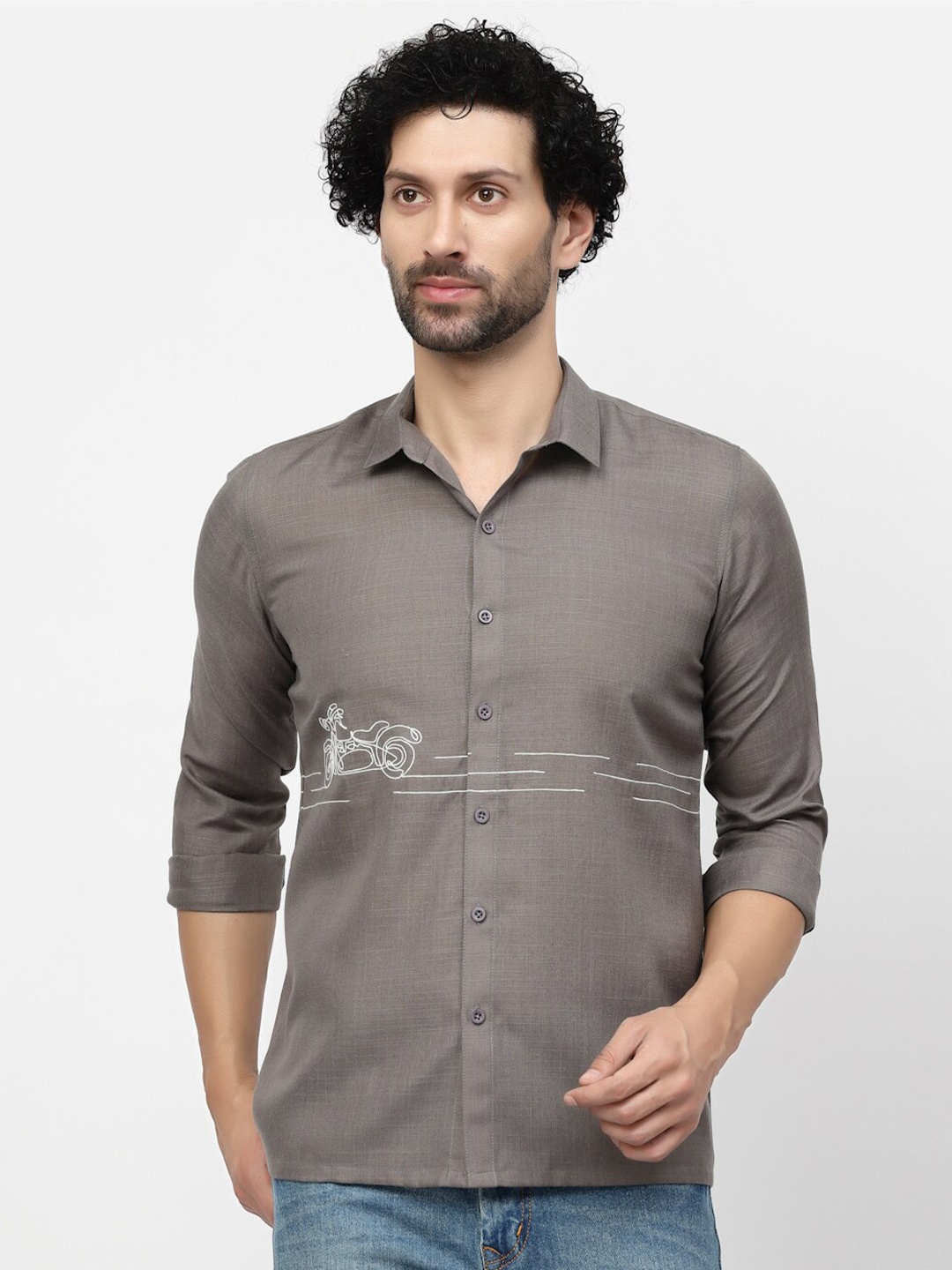 

LELA Spread Collar Bike Embroidery Linen Shirt, Grey