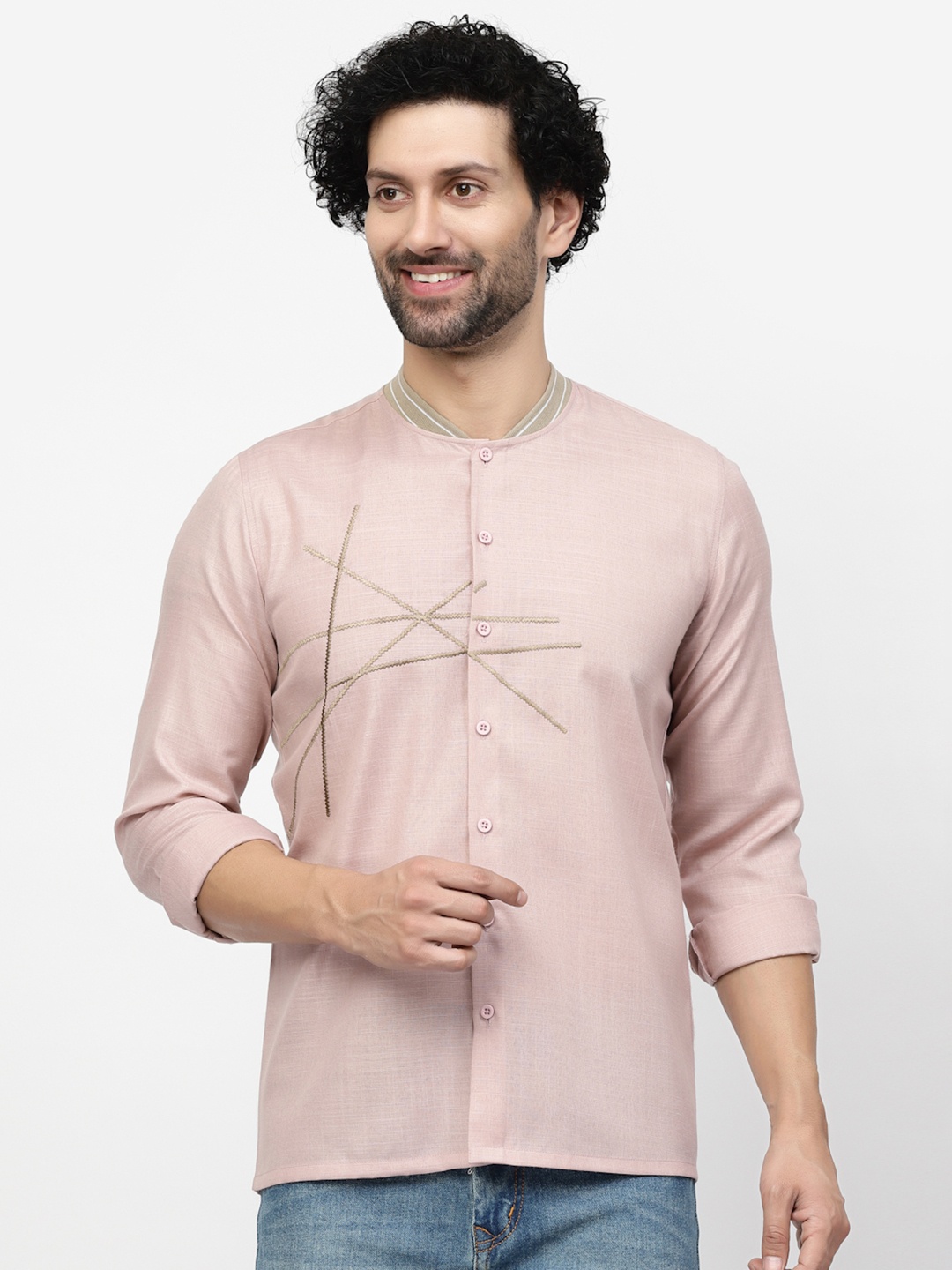 

LELA Mandarin Collar Linen Casual Shirt, Green