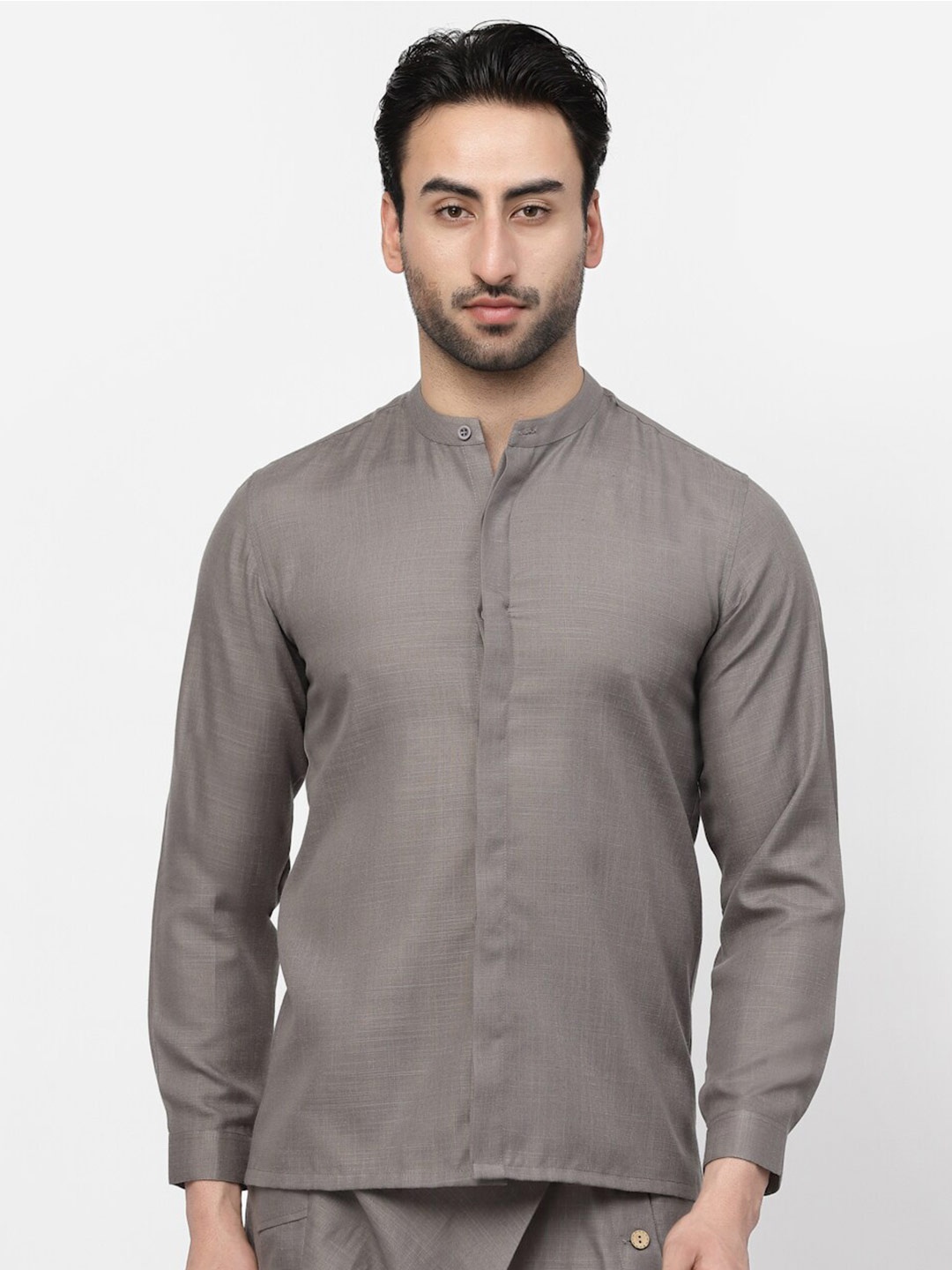 

LELA Mandarin Collar Slim Fit Linen Casual Shirt, Grey