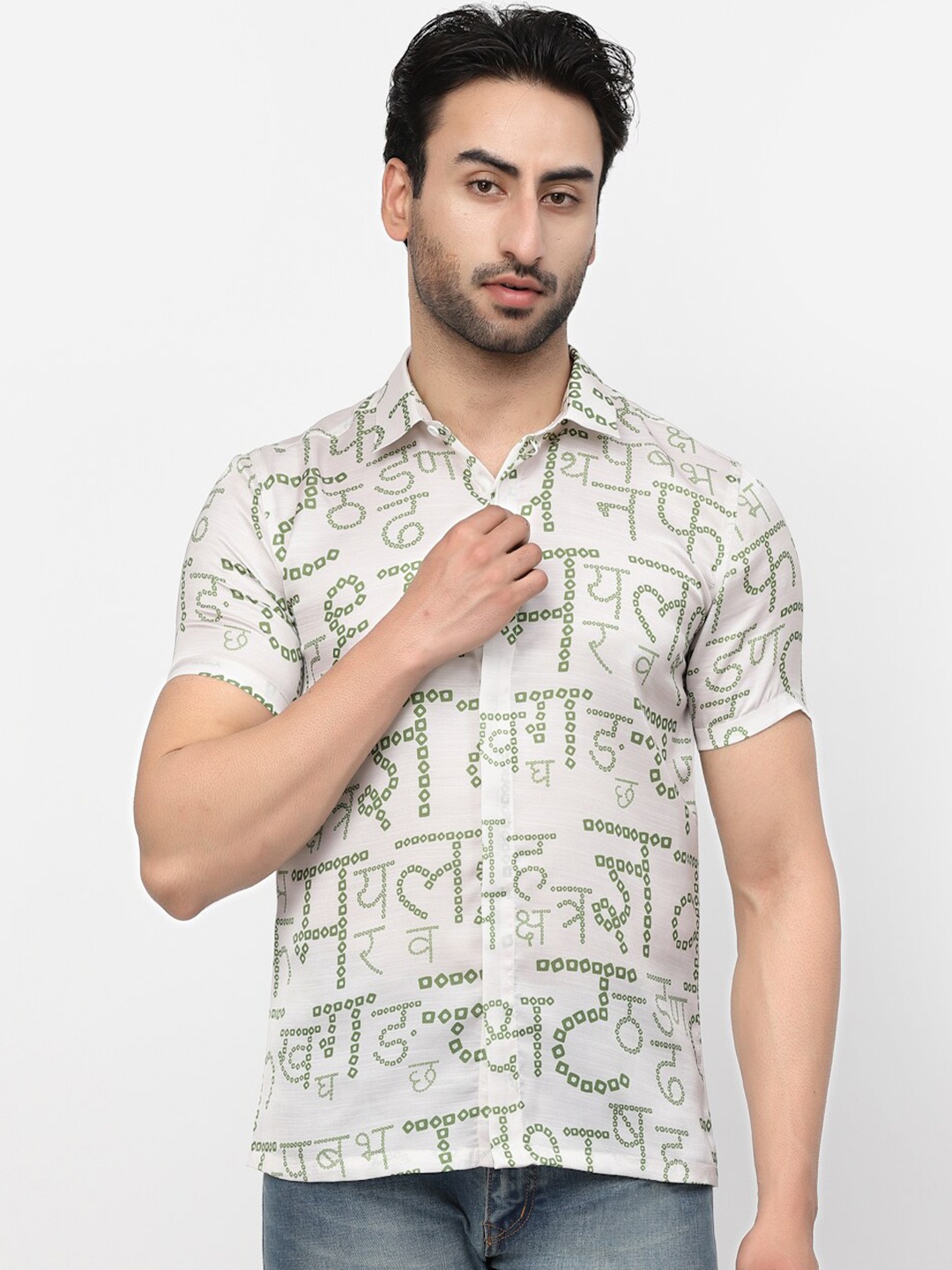 

LELA Typography Printed Slim Fit Satin Casual Shirt, White