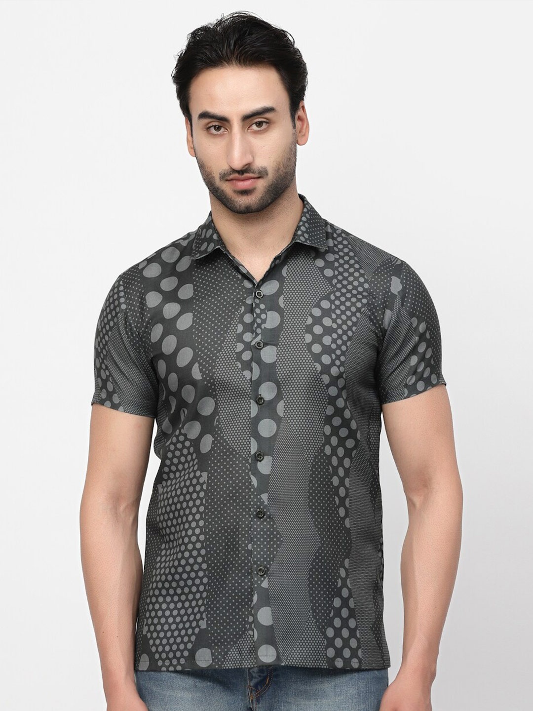 

LELA Polka Dots Printed Slim Fit Linen Casual Shirt, Green