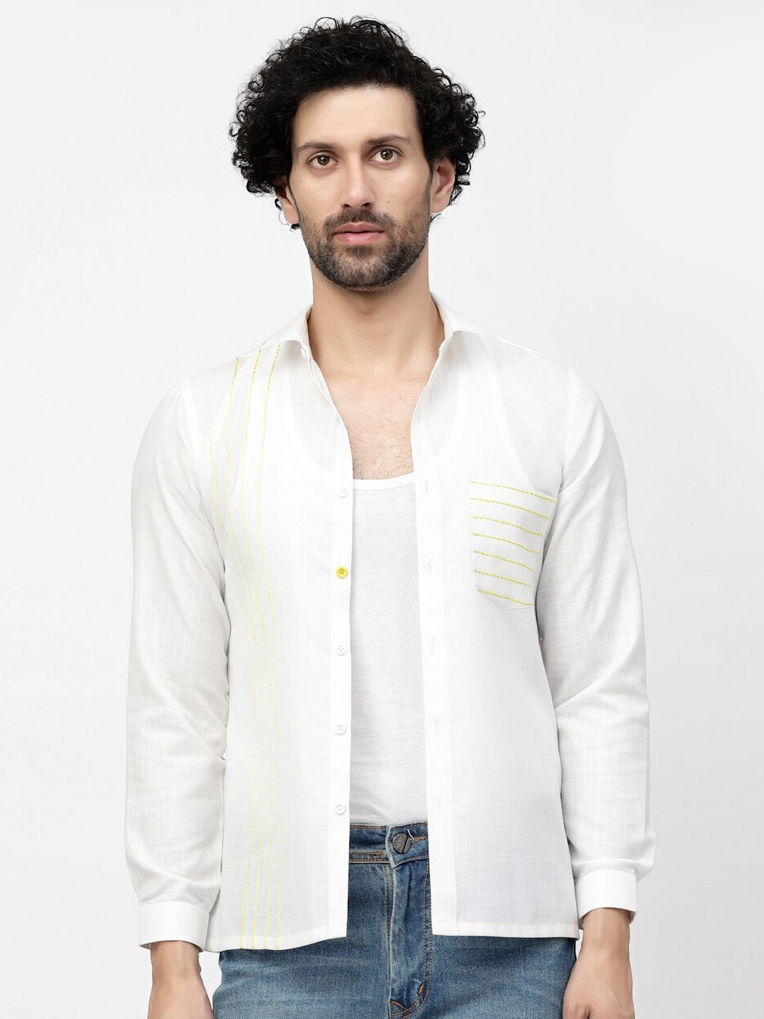 

LELA Striped Spread Collar Linen Casual Shirt, White