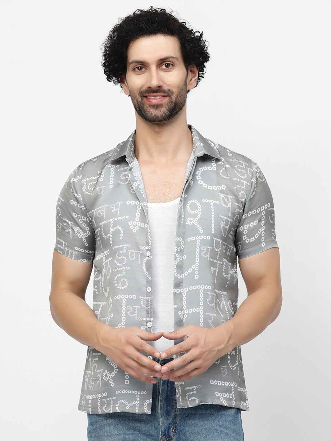 

LELA Typography Printed Slim Fit Satin Casual Shirt, Grey