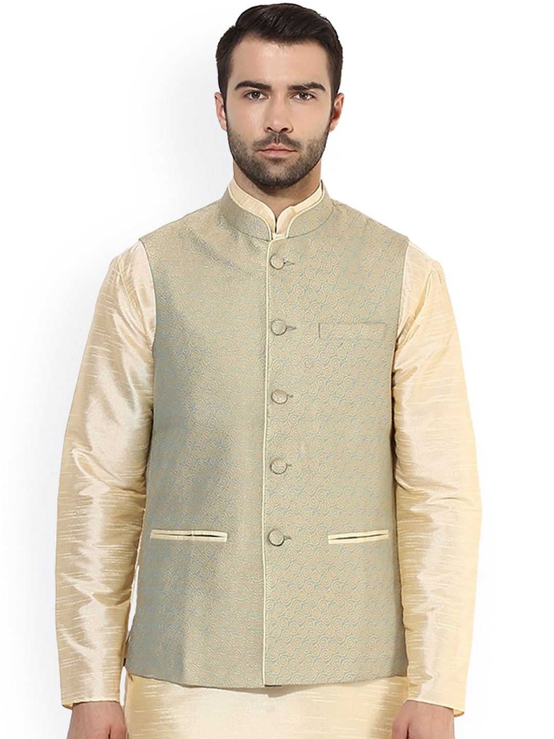 

KISAH Men Green Patterned Nehru Jacket