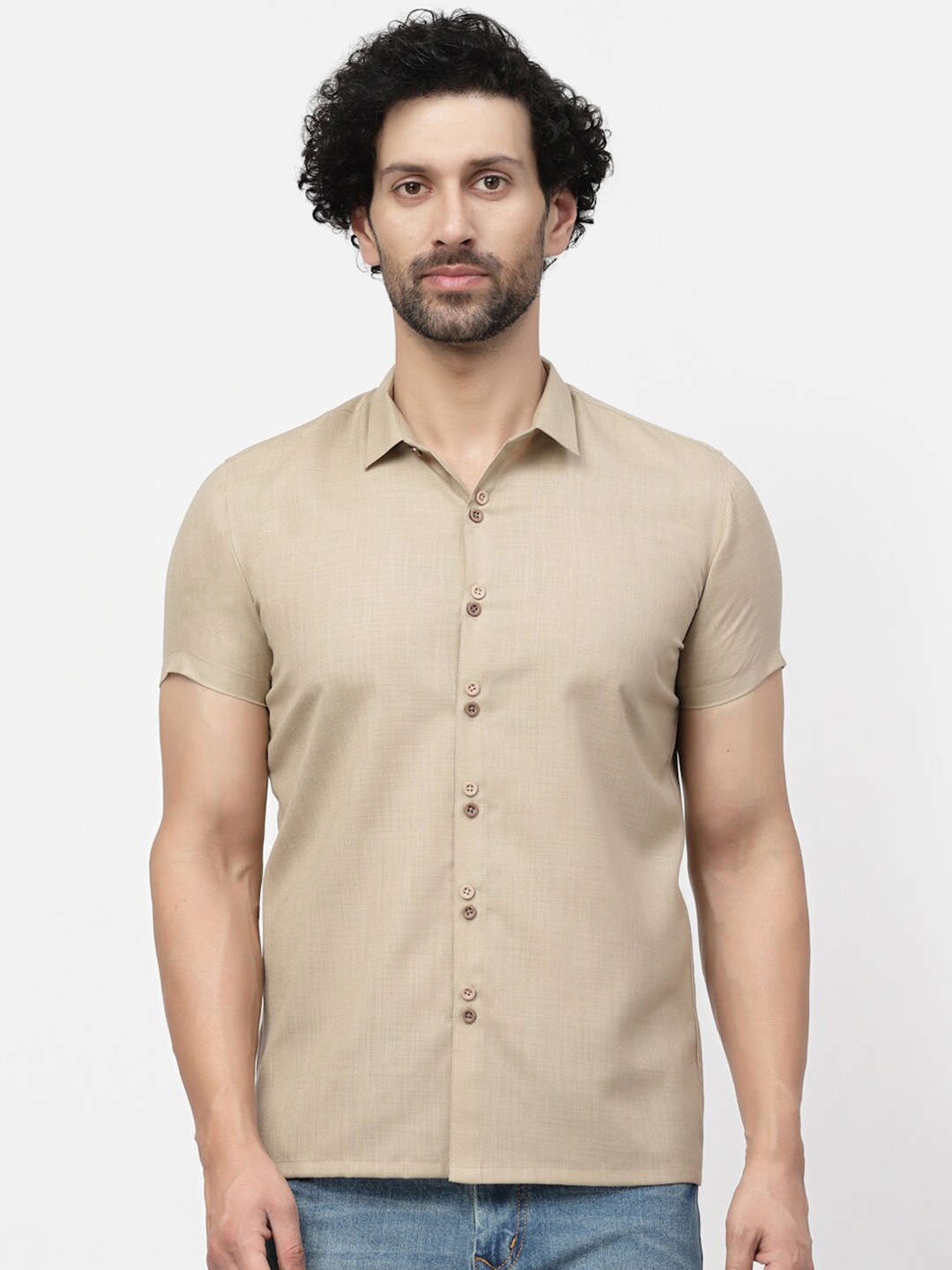 

LELA Spread Collar Linen Casual Shirt, Beige