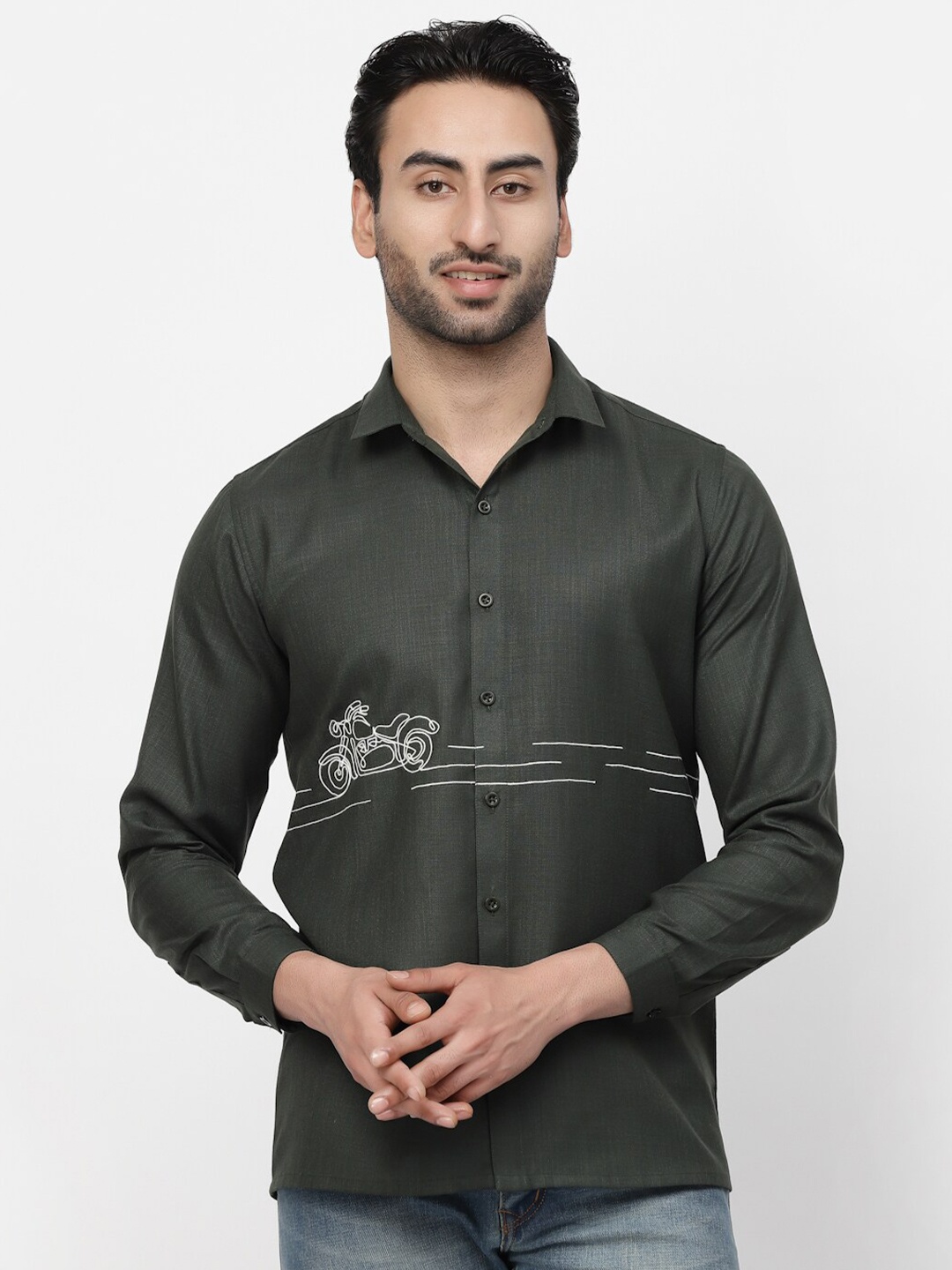 

LELA Spread Collar Graphic Printed Comfort Fit Linen Casual Shirt, Green