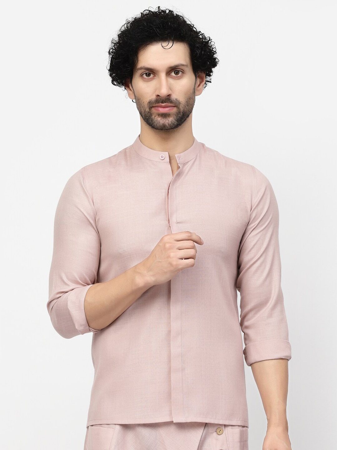 

LELA Mandarin Collar Slim Fit Linen Casual Shirt, Pink