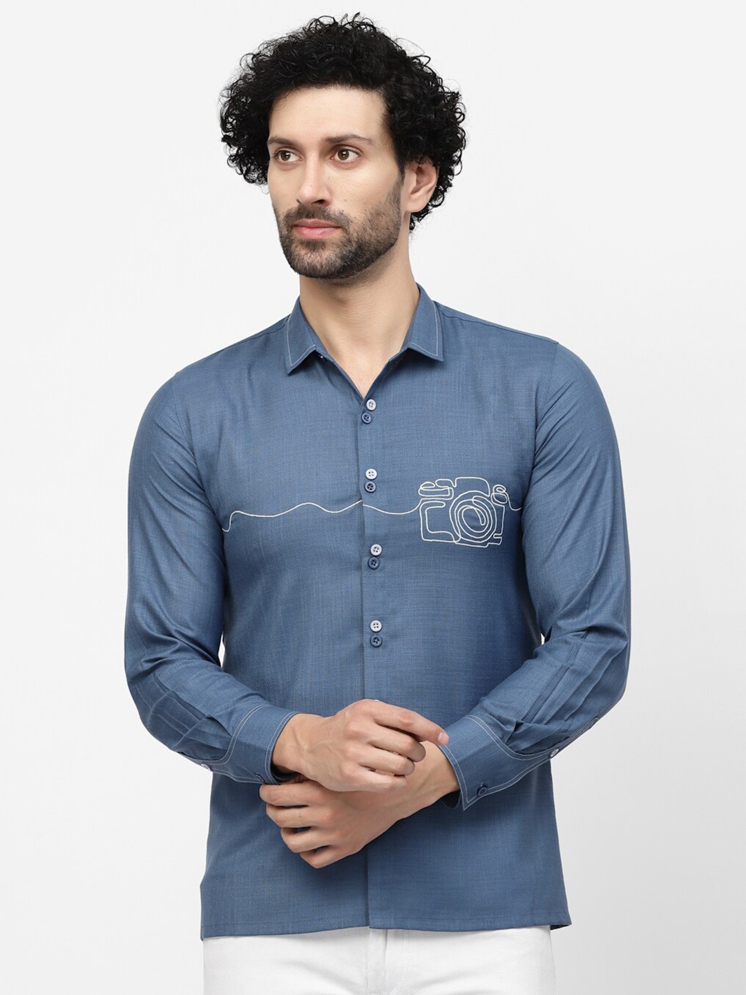 

LELA Spread Collar Slim Fit Camera Embroidery Linen Shirt, Blue