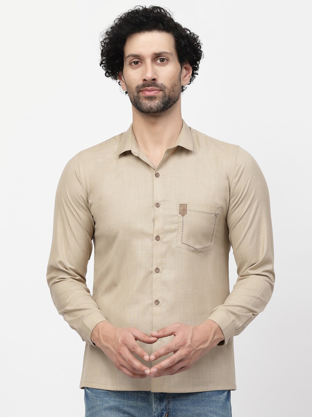 

LELA Spread Collar Linen Shirt, Beige