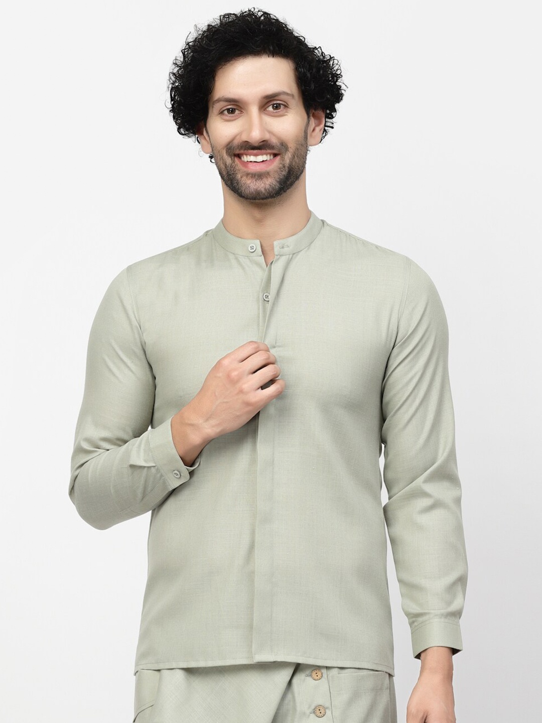 

LELA Mandarin Collar Slim Fit Linen Casual Shirt, Green