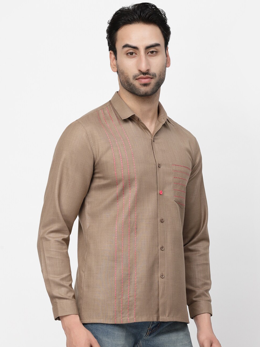 

LELA Striped Spread Collar Linen Casual Shirt, Beige
