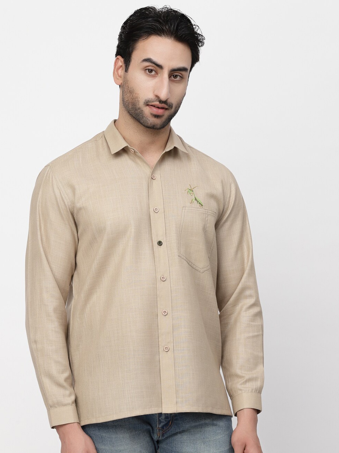 

LELA Spread Collar Linen Casual Shirt, Beige