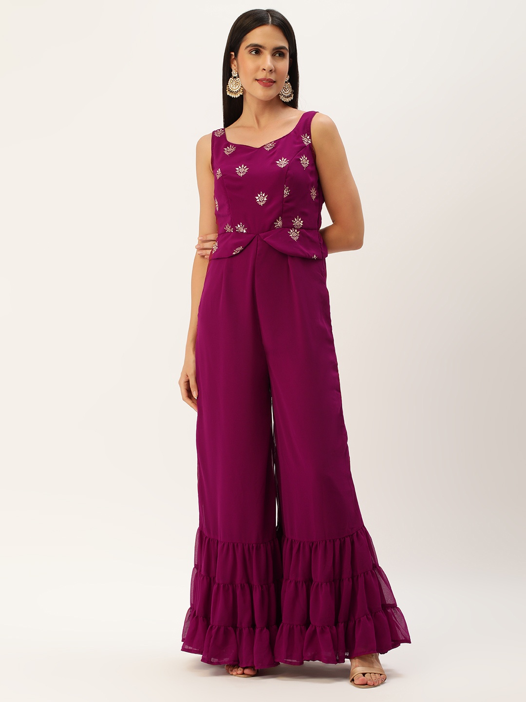 

Ethnovog Embroidered Sweetheart Neck Culotte Jumpsuit with Embellished, Magenta