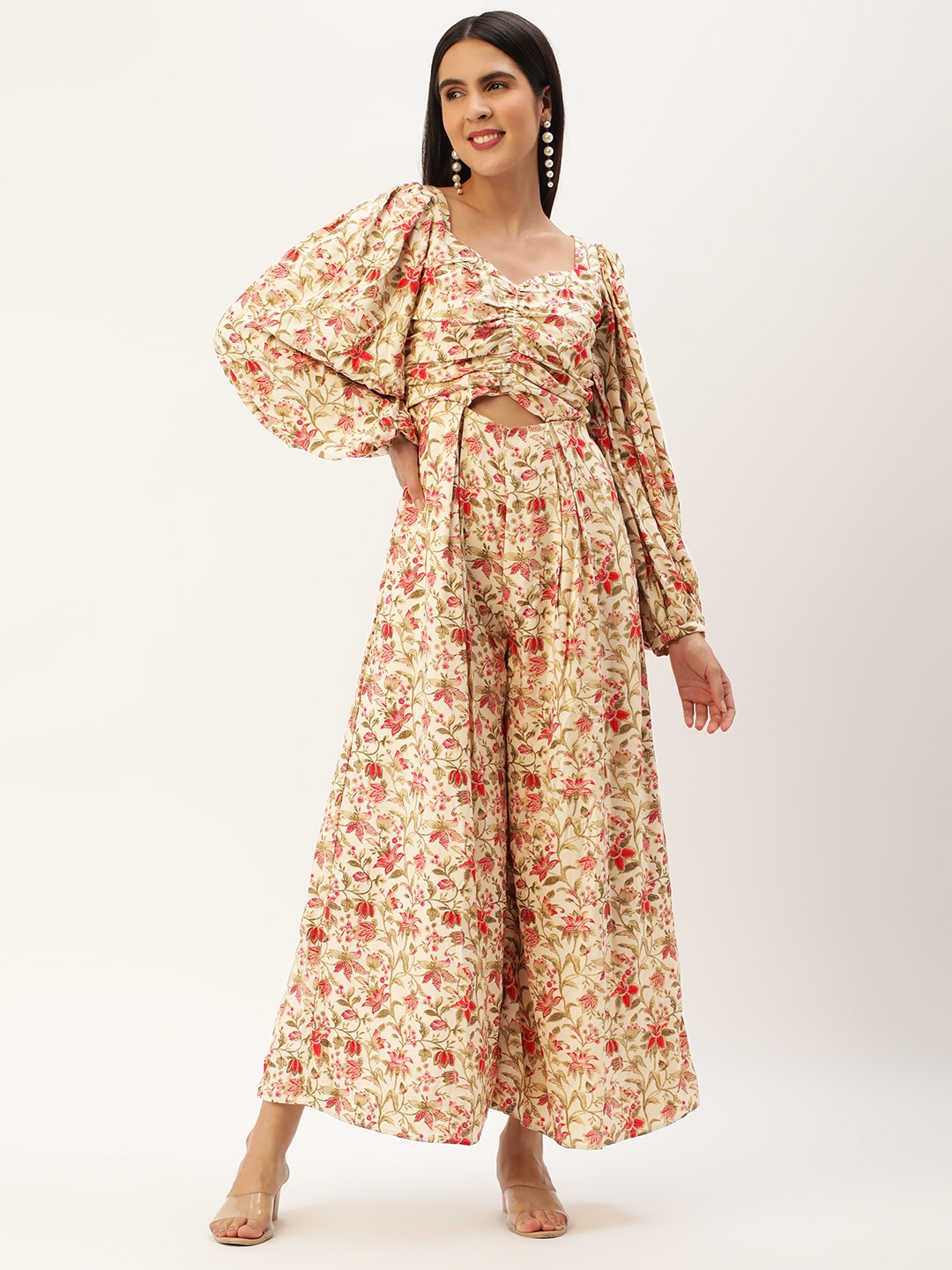 

Ethnovog Floral Printed Puff Sleeves Sweetheart Neck Culotte Jumpsuit With Cut-Out Detail, Beige