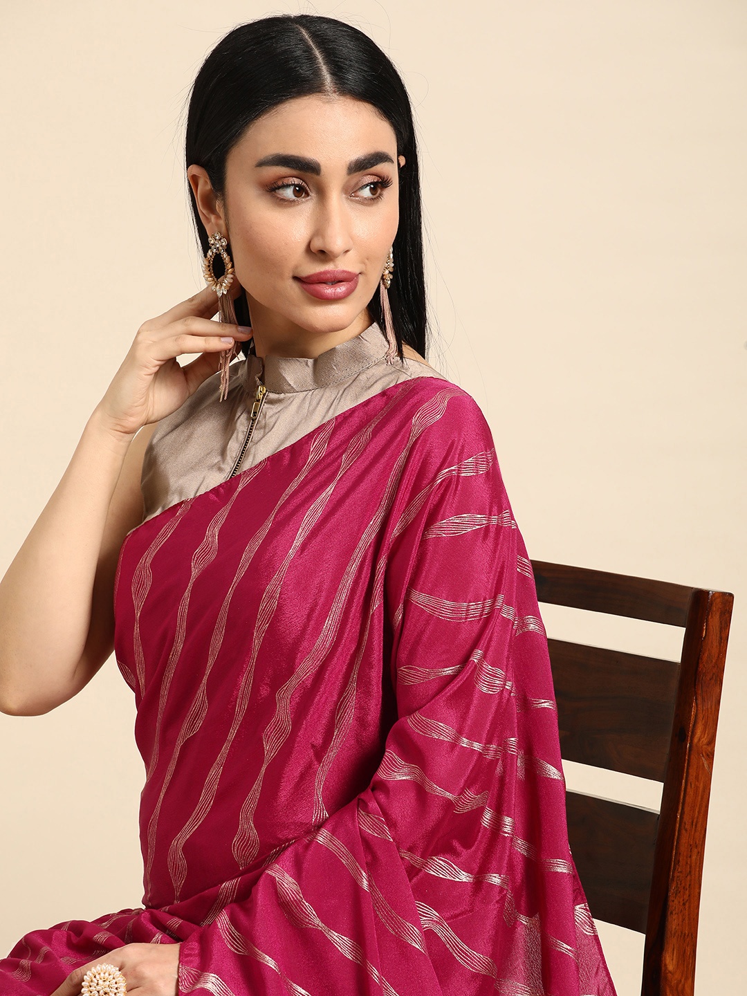 

Ethnovog Leheriya Chinon Saree With Stitched Blouse, Gold