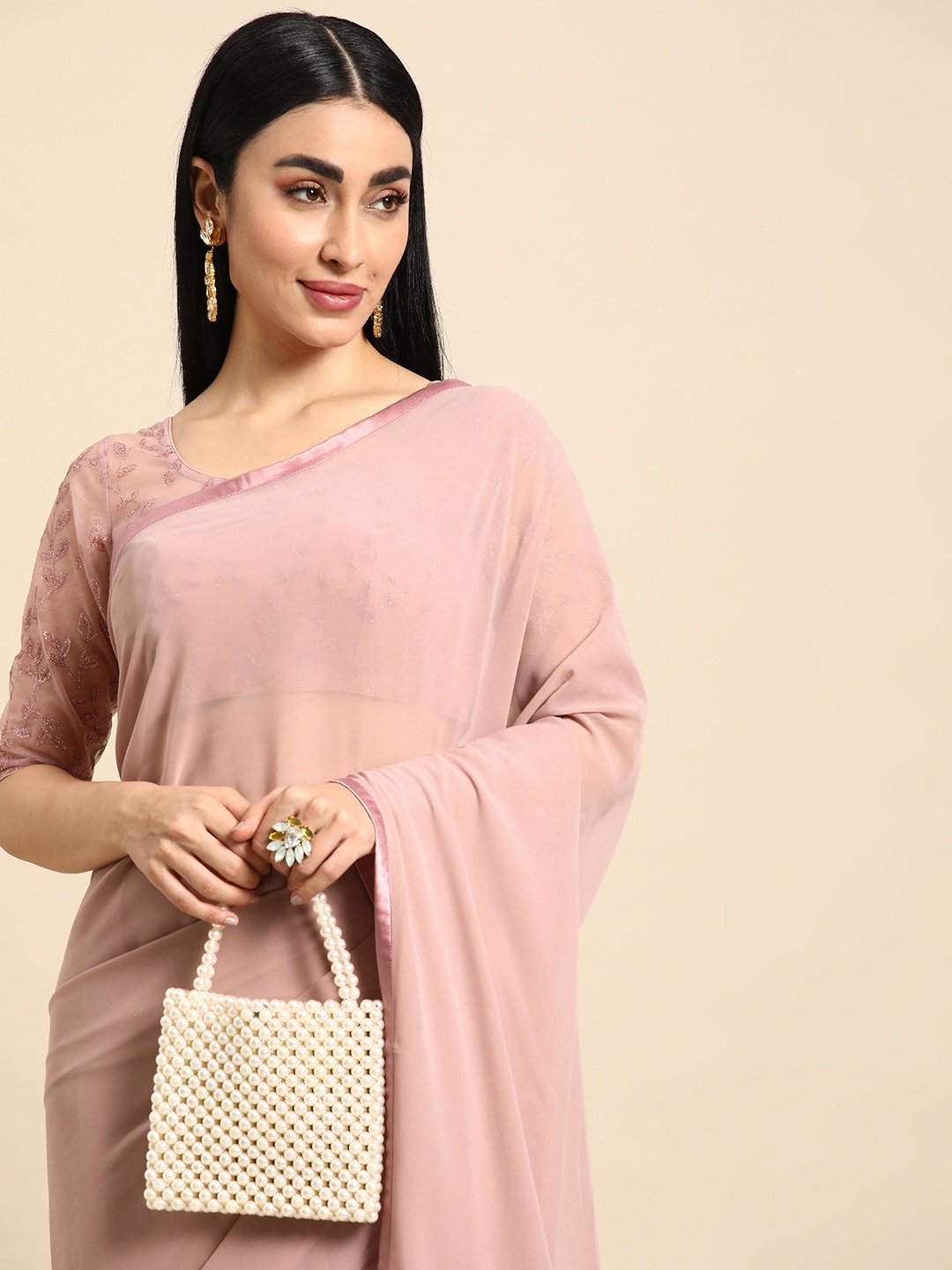 

Ethnovog Poly Georgette Saree With Stitched Blouse, Pink