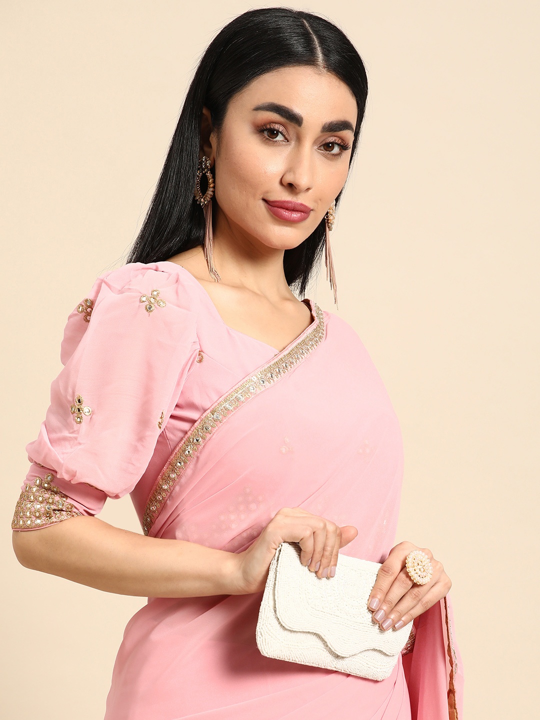 

Ethnovog Poly Georgette Saree With Stitched Blouse, Pink