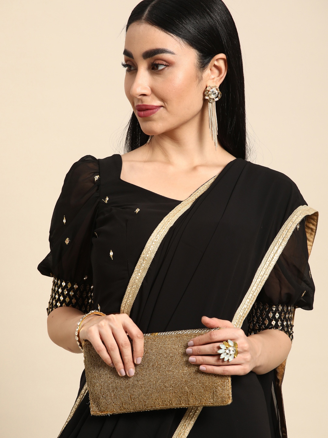 

Ethnovog Gotta Patti Poly Georgette Saree With Stitched Blouse, Black