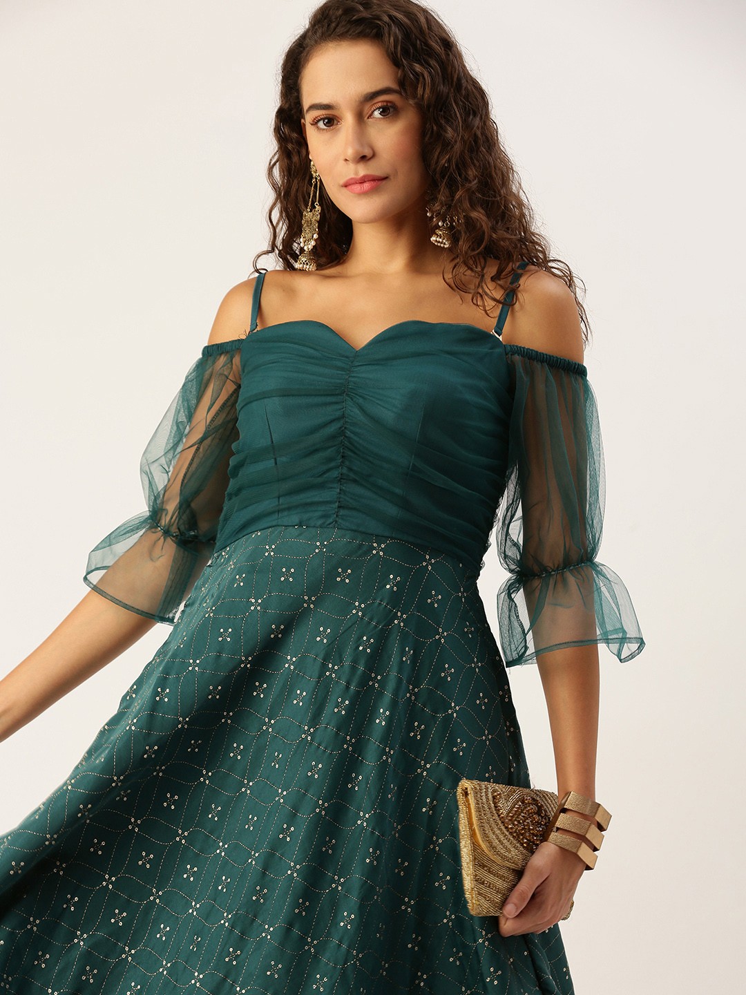 

Ethnovog Ethnic Motifs Printed Ruched Detail Ethnic Maxi Dress, Green