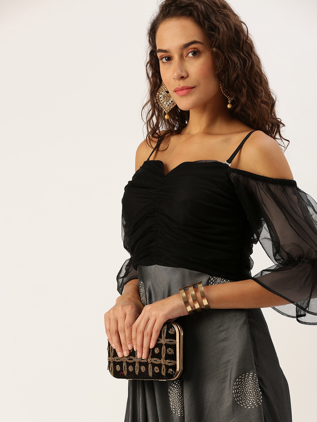 

Ethnovog Geometric Embellished Ruched Detail Ethnic Maxi Dress, Black