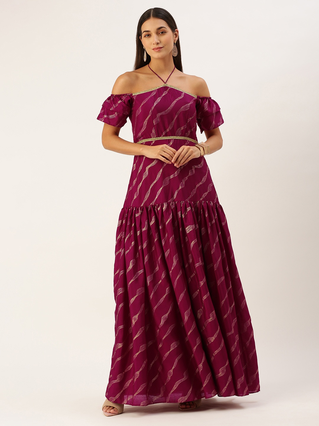 

Ethnovog Purple Striped Off-Shoulder Flutter Sleeve Maxi Dress