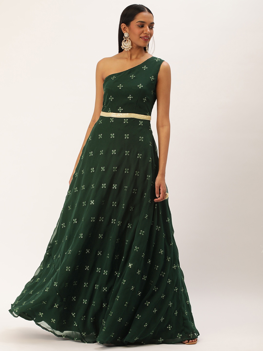 

Ethnovog Ethnic Embellished One Shoulder Gown, Green