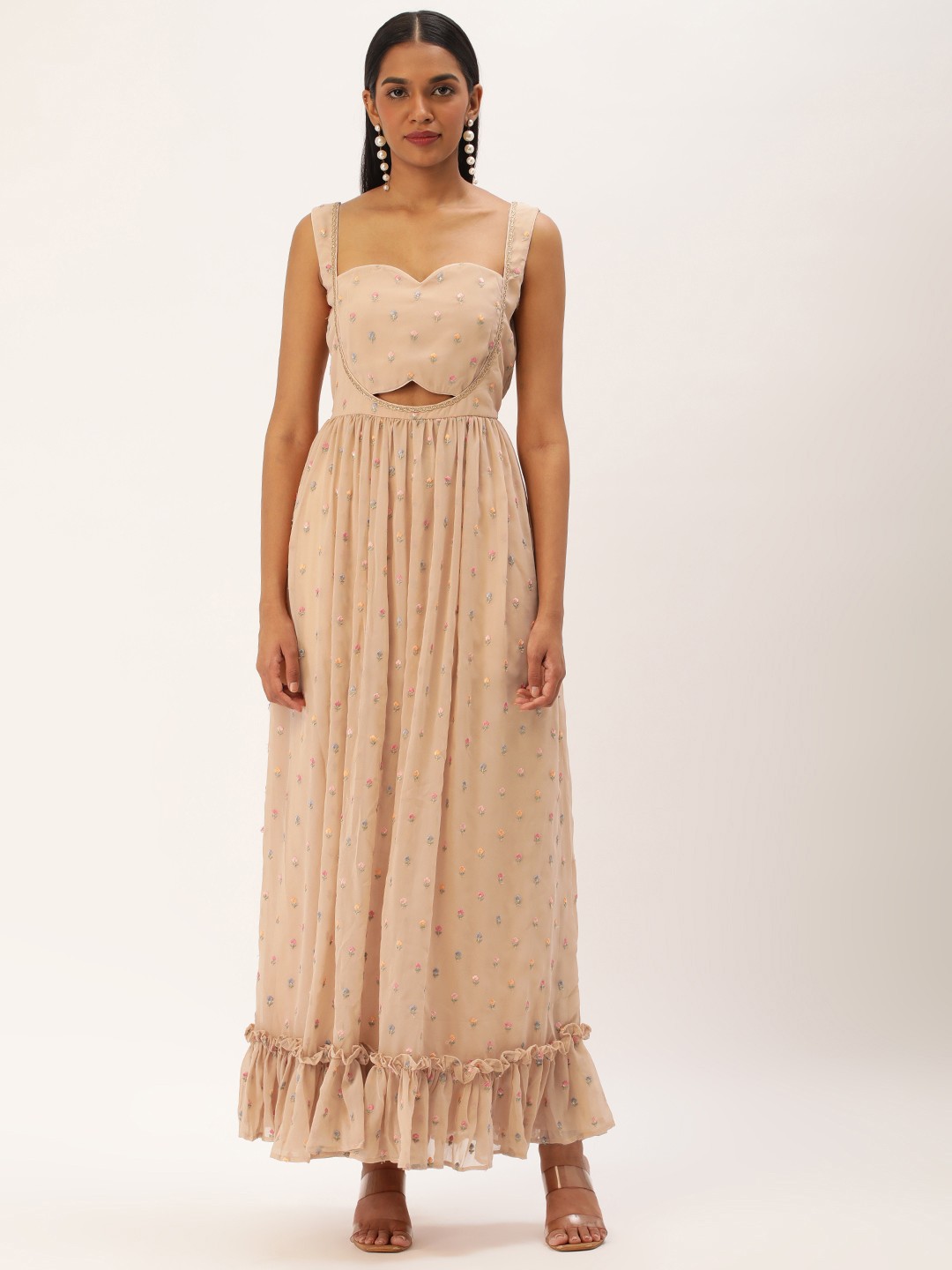 

Ethnovog Georgette Embroidered Ethnic Maxi Dress, Beige