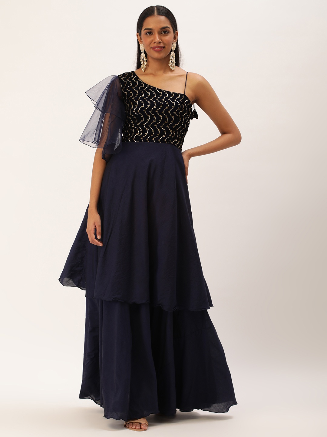 

Ethnovog Embellished Velvet Art Silk Gown, Navy blue