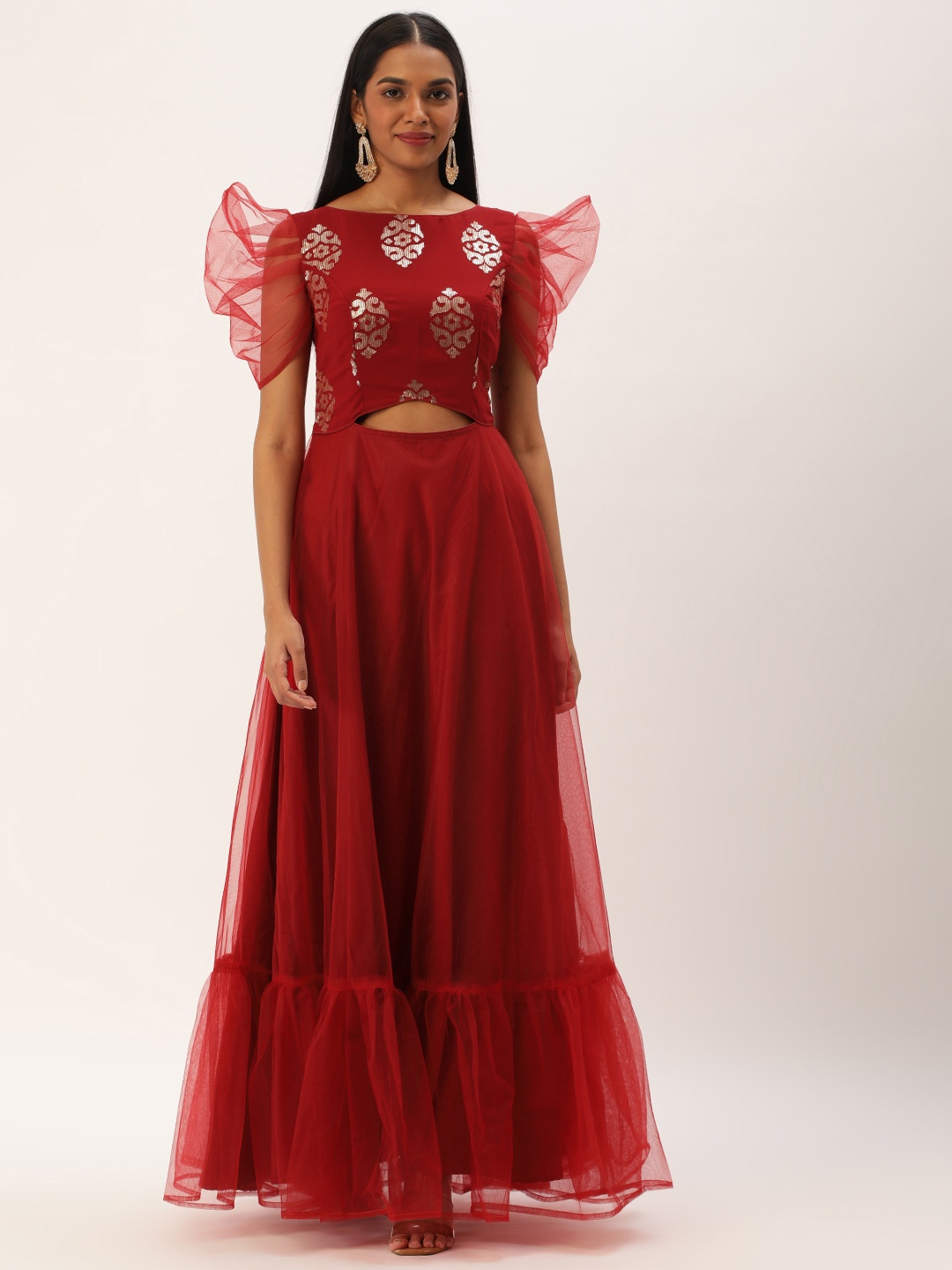 

Ethnovog Ethnic Motifs Embellished Flutter Sleeve Gown, Red