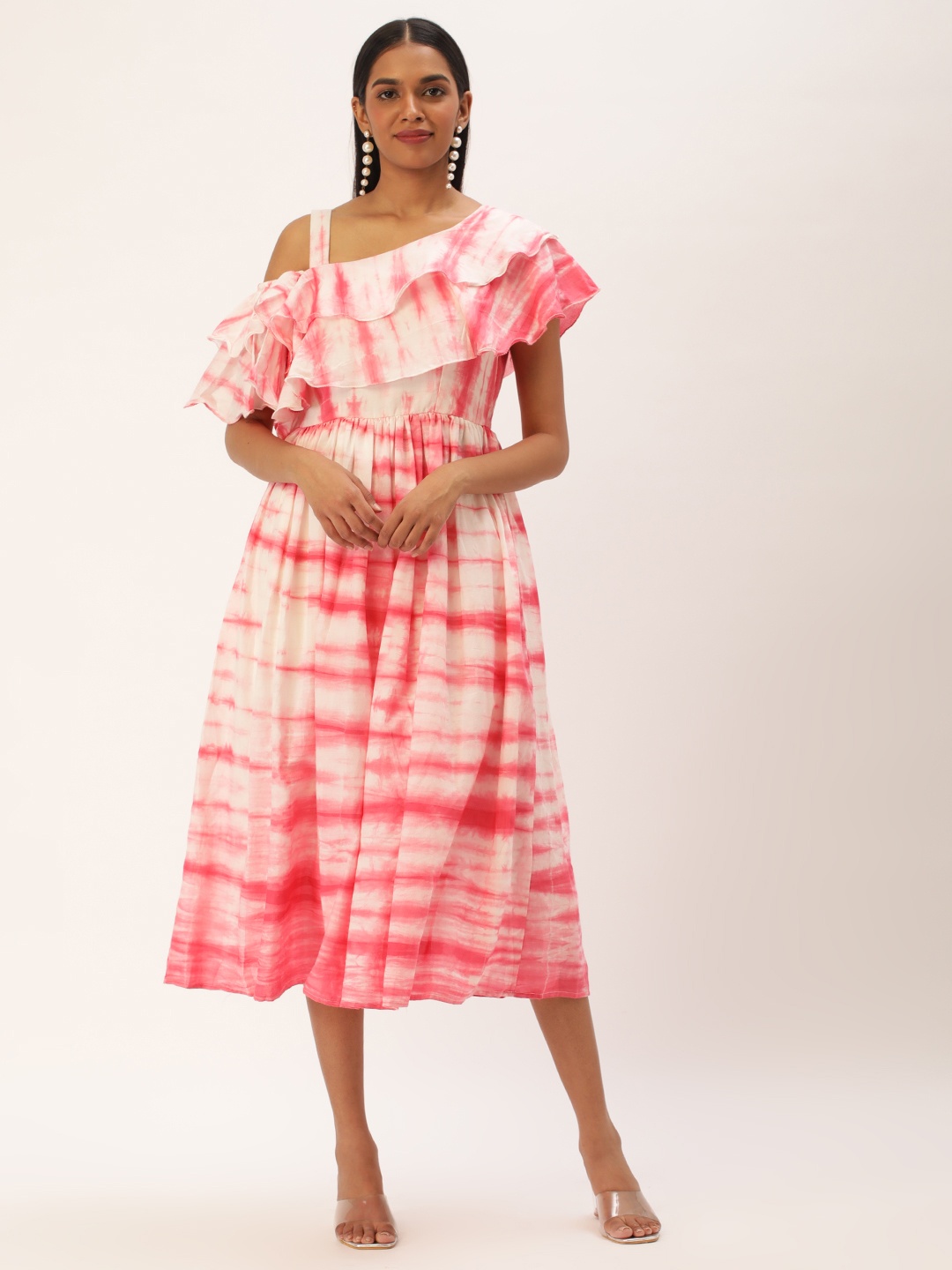 

Ethnovog Tie and Dye Ruffled A-Line Midi Dress, Pink