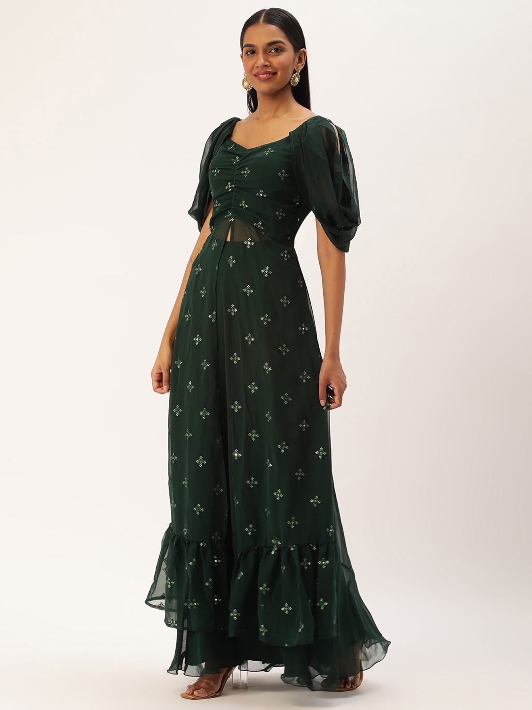 

Ethnovog Georgette Embroidered Maxi Ethnic Dress, Green