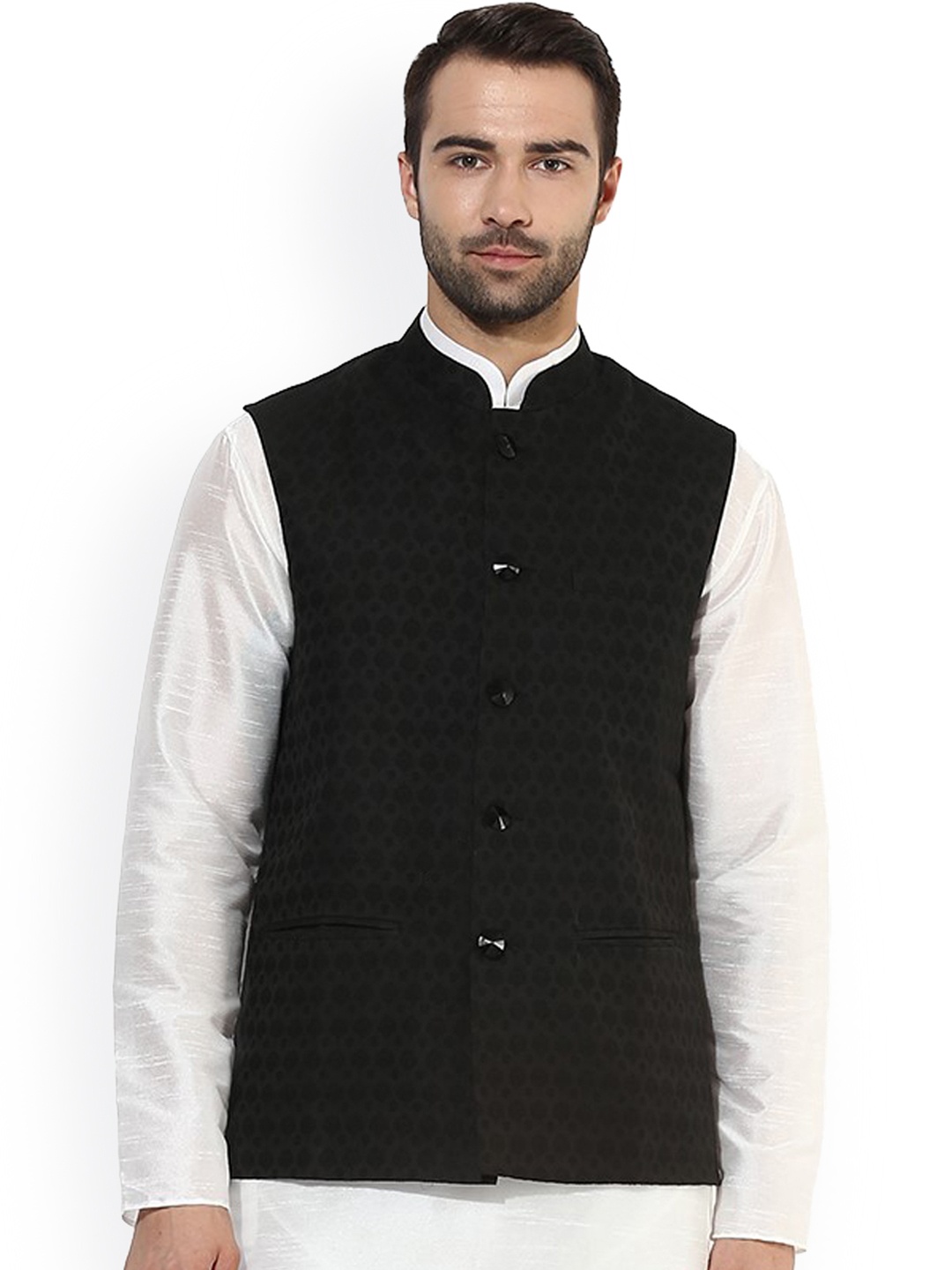 

KISAH Men Textured Regular Fit Woven Nehru Jacket, Black