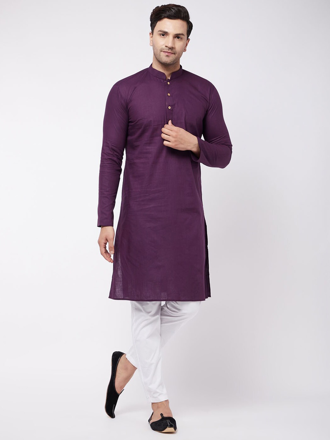 

VASTRAMAY Mandarin Collar Curved Hem Kurta with Pyjamas, Purple