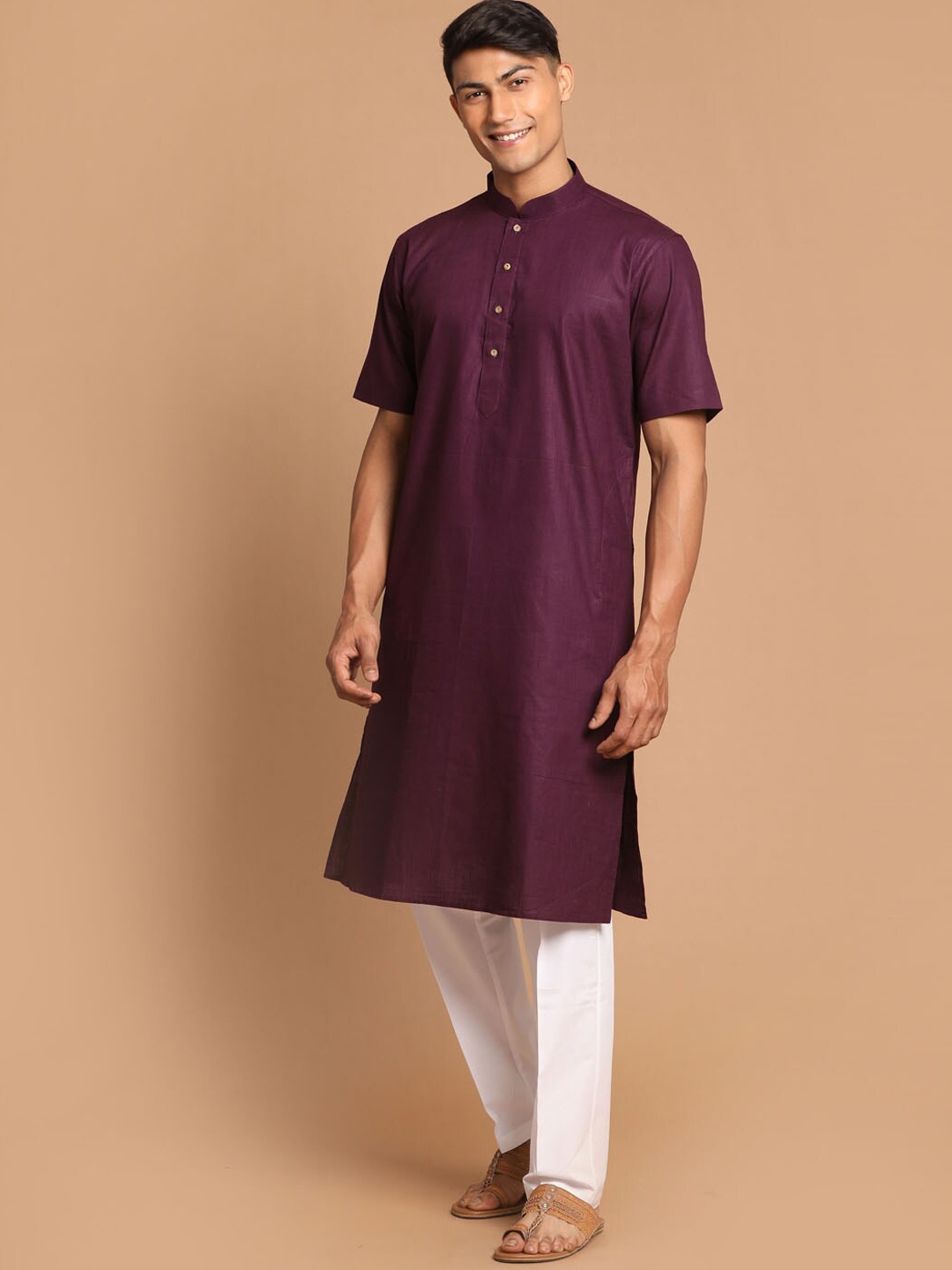 

VASTRAMAY Mandarin Collar Straight Kurta with Pyjamas, Purple