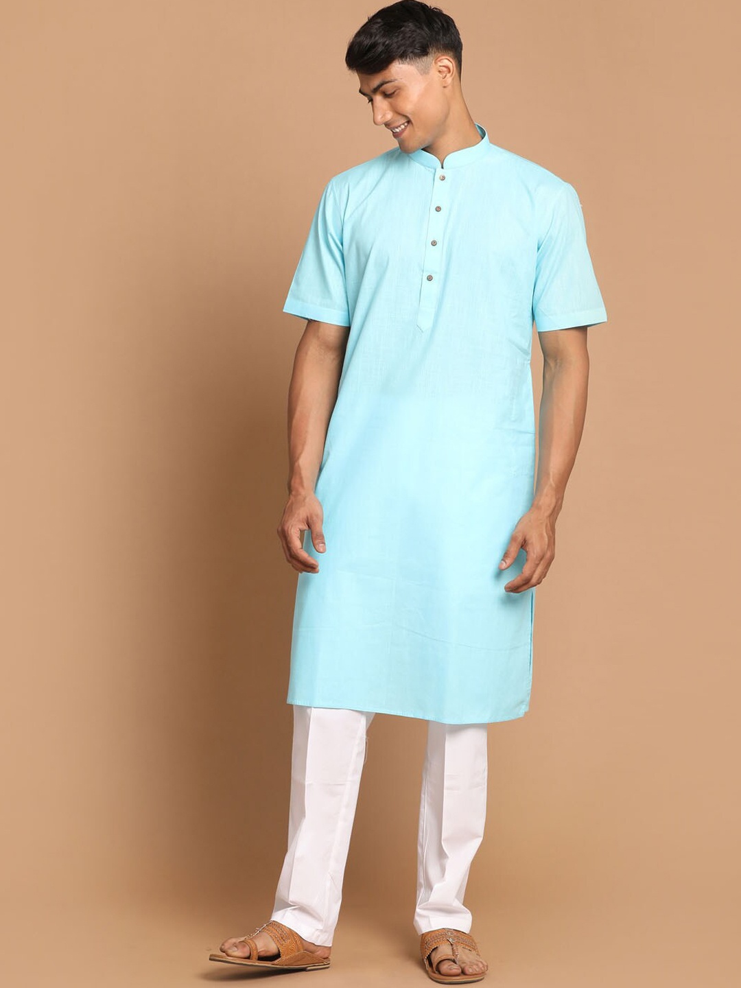 

VASTRAMAY Mandarin Collar Straight Kurta with Pyjamas, Turquoise blue