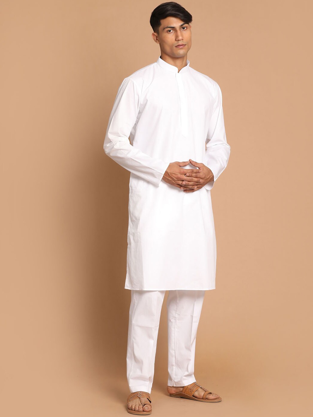 

VASTRAMAY Mandarin Collar Pure Cotton Kurta with Pyjamas, White