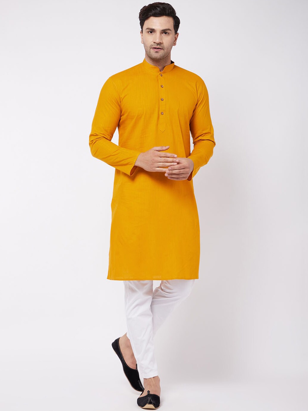 

VASTRAMAY Mandarin Collar Straight Kurta with Pyjamas, Mustard